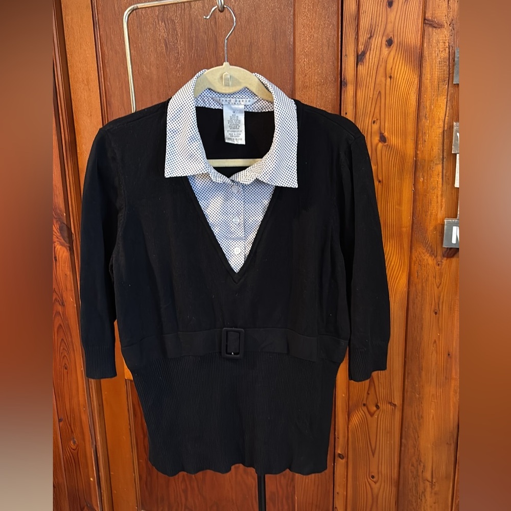 Fred David Women Polka Dot Black Top Business Casual Brunch 3/4 Sleeve Sz 1X